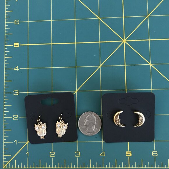 Gold Tone Earring Set - Moon & Owl - Picture 4 of 4
